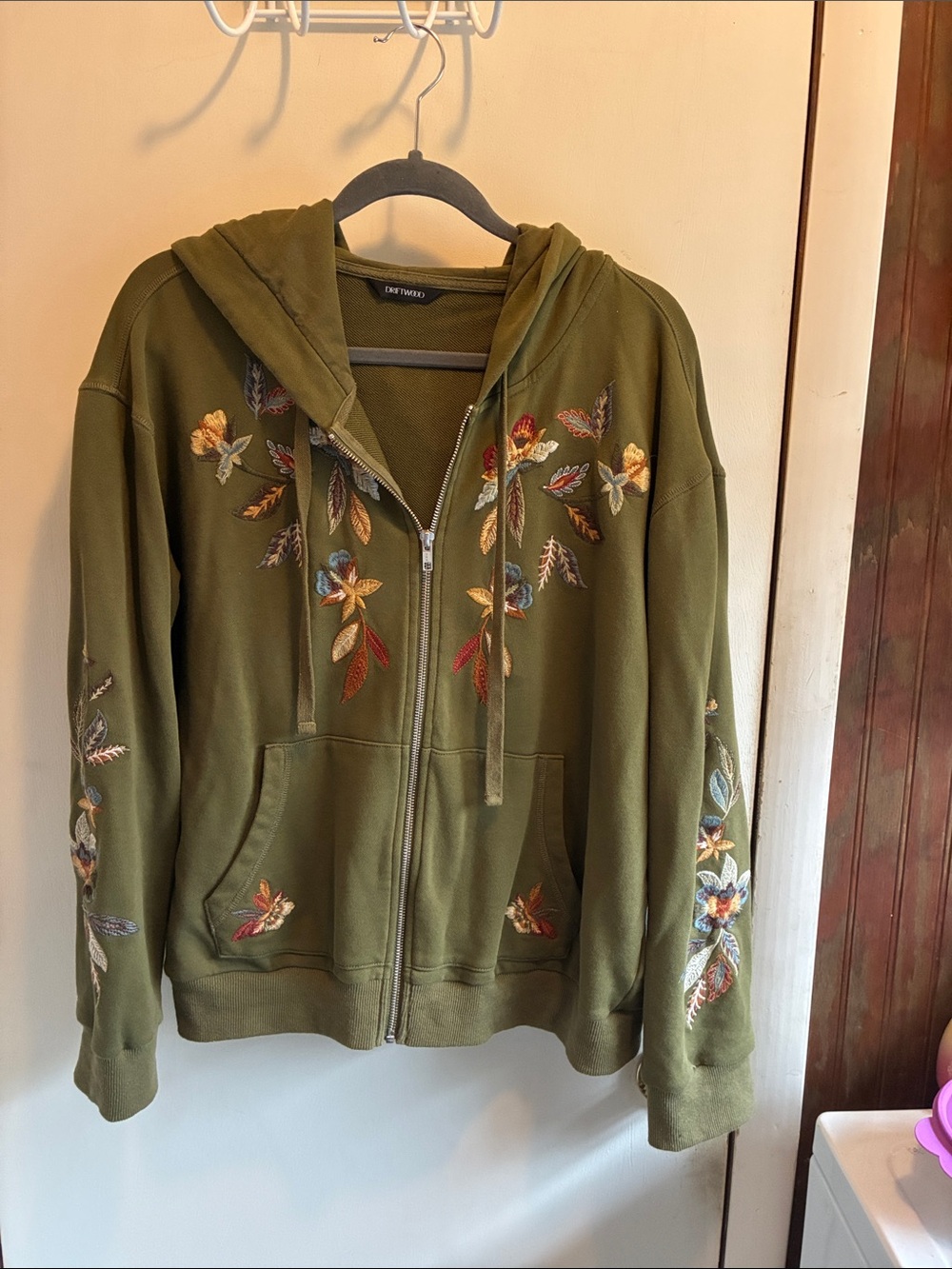 DRIFTWOOD Olive Green Embroidered Zip Hoodie